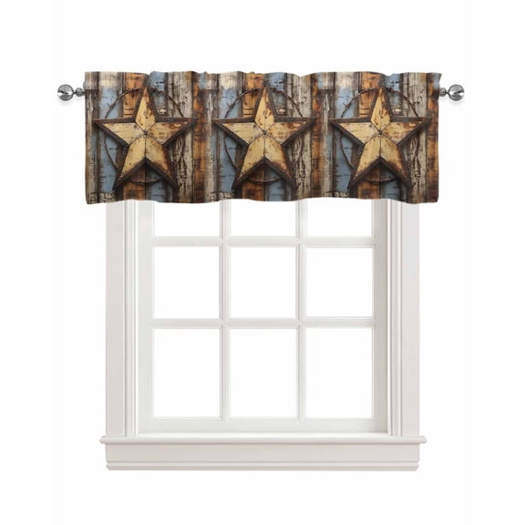 Vintage Farmhouse Kitchen Valances for Windows Farmhouse Linen Window Valance Curtain for Living Room Window Treatment Wooden Western Texas Star Pattern Valance Rod Pocket Topper Drape, 42 x 12 Inch