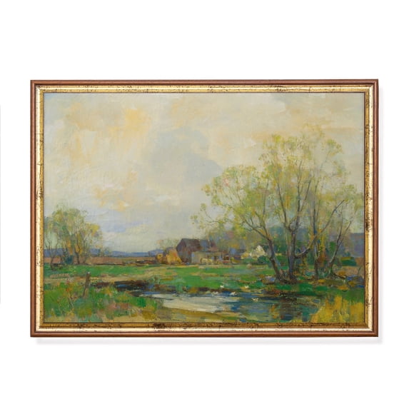 Vintage Farmhouse Landscape Poster Antique Riverscape Home Decor, 24x36 UNFRAMED