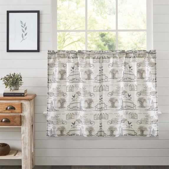 Vintage Farmhouse Linen Kitchen Curtain in Ivory/Light Gray, French Country Shabby Cottage Rustic Cabin Tier Cafe Curtain 36 Inch Length 2 Panels Small Short Window Curtain Panel for Bathroom