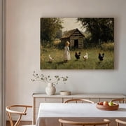 Vintage Farmhouse Little Girl Feeding Chickens Framed Canvas Wall Art - Rustic Country Life Decor For Kitchen Living Room, Warm pastoral Print 16*24inch40*60cm