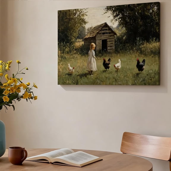Vintage Farmhouse Little Girl Feeding Chickens Framed Canvas Wall Art - Rustic Country Life Decor For Kitchen Living Room, Warm pastoral Print 8*12inch(20*30cm)