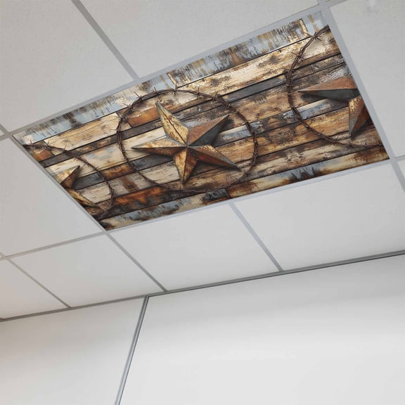 Vintage Farmhouse Magnetic Fluorescent Light Covers for Ceiling Lights 2x4Ft,Western Texas Rustic Star Wooden Grain Office Classroom Kitchen Drop Ceiling Light Covers Filters Shade Panel 1Pack