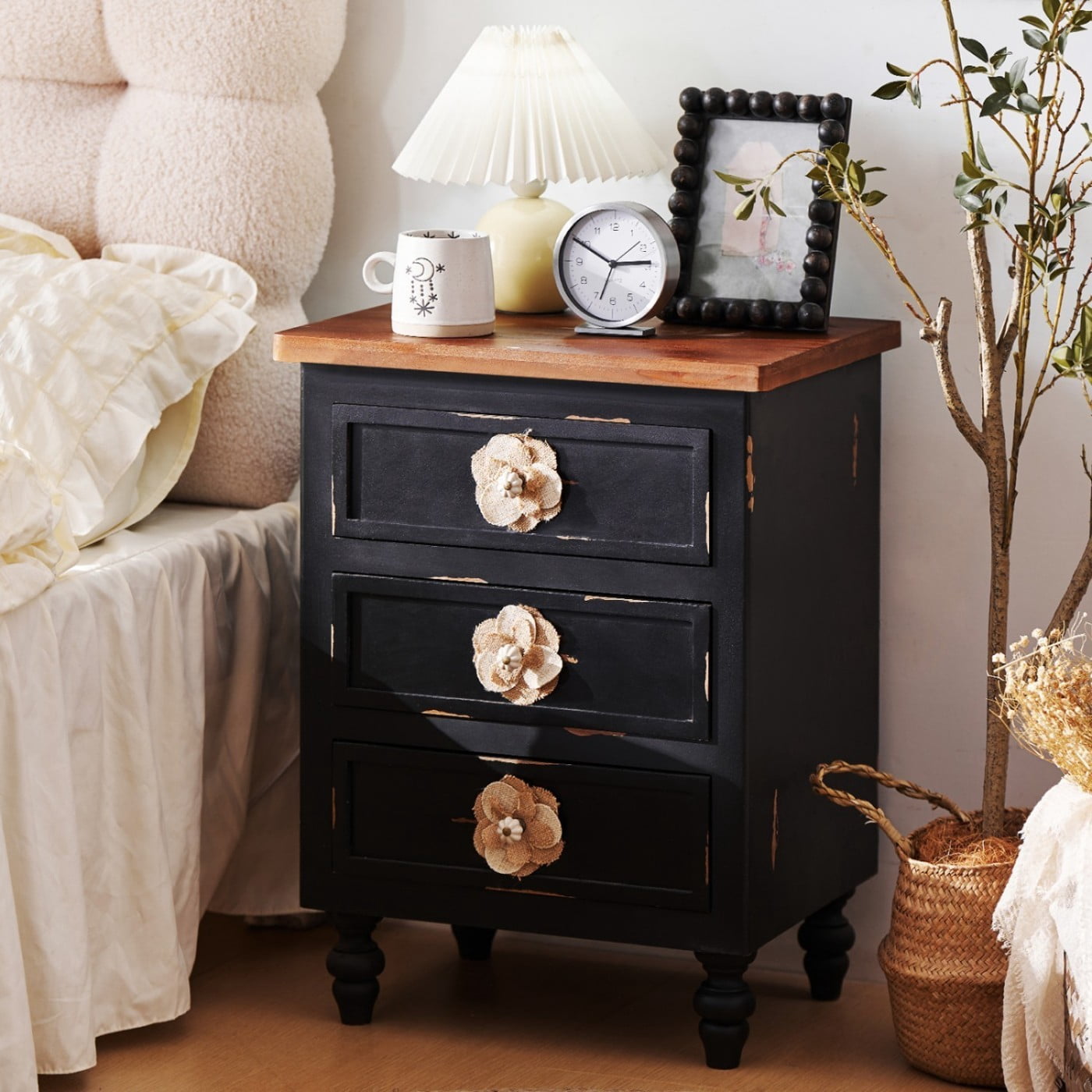 Vintage Farmhouse Nightstand, 3 Drawer Rustic End Table with Floral Knobs and Gourd Legs, Distressed Antique Black Bedside Storage Cabinet for Bedroom Living Room