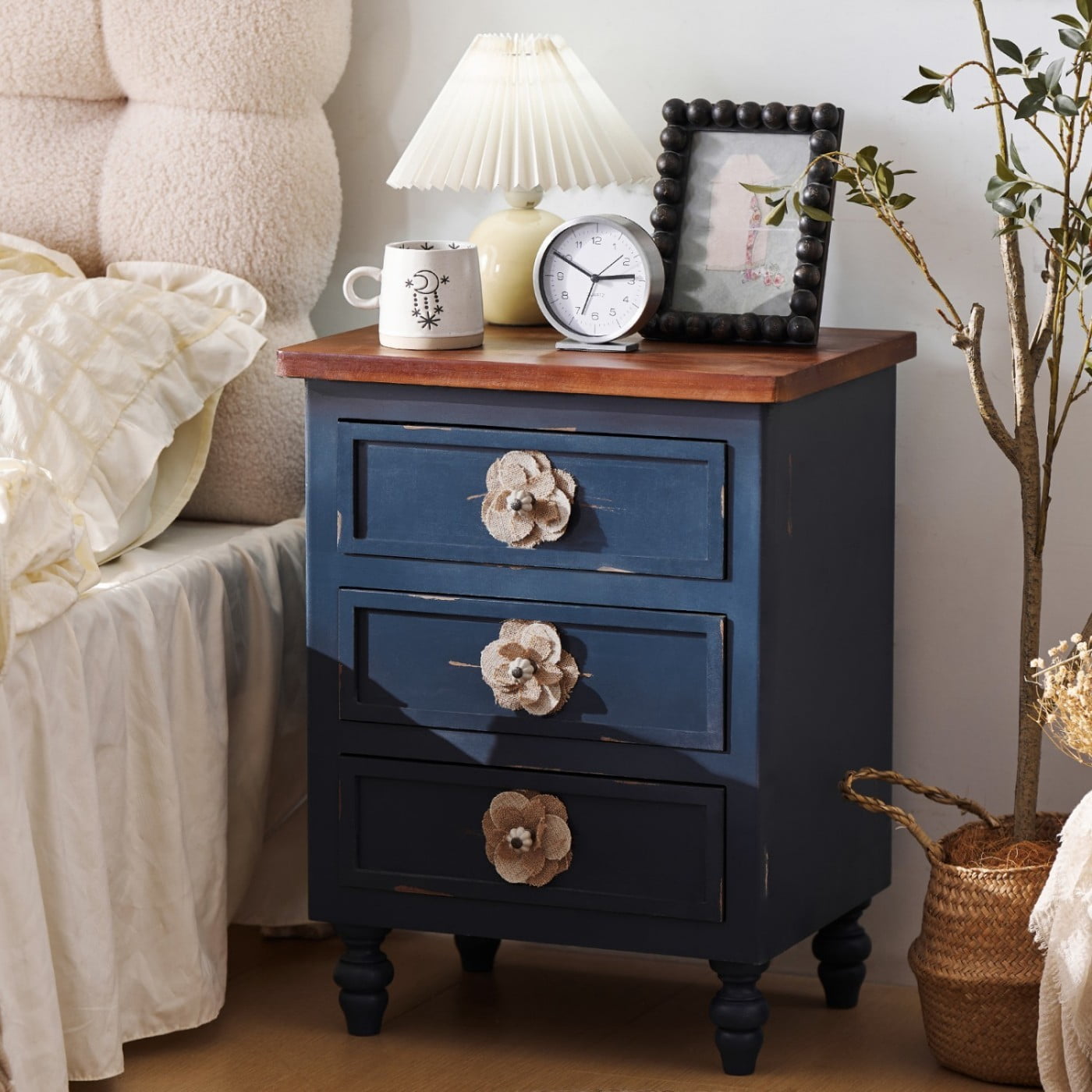 Vintage Farmhouse Nightstand, 3 Drawer Rustic End Table with Floral Knobs and Gourd Legs, Distressed Antique Blue Bedside Storage Cabinet for Bedroom Living Room