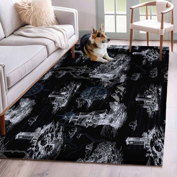 Vintage Farmhouse Ocean Area Rugs 4x6 ft Country Nautical Black Sea Ships Castles Map Washable Rug Non Slip Indoor Carpet Absorbent Floor Mat for Living Room Bedroom Dining Room
