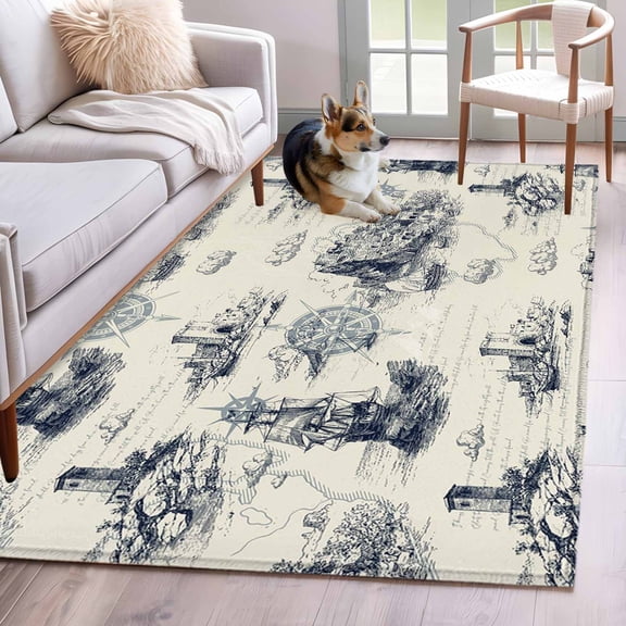 Vintage Farmhouse Ocean Area Rugs 4x6 ft Country Nautical Sea Ships Castles Map Washable Rug Non Slip Indoor Carpet Absorbent Floor Mat for Living Room Bedroom Dining Room