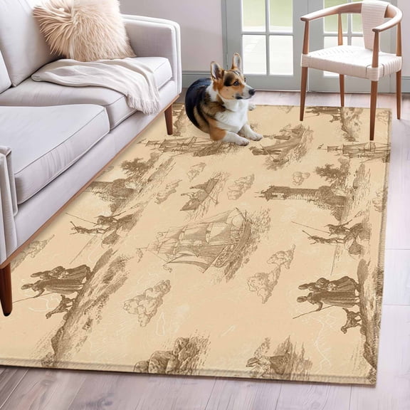 Vintage Farmhouse Ocean Area Rugs 4x6 ft Country Nautical Yellow Sea Ships Castles Map Washable Rug Non Slip Indoor Carpet Absorbent Floor Mat for Living Room Bedroom Dining Room