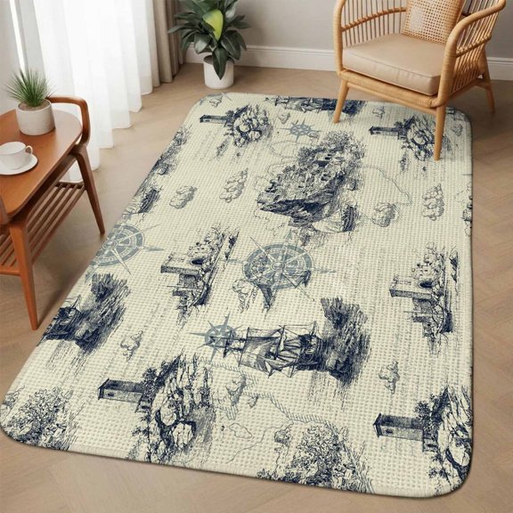 Vintage Farmhouse Ocean Area Rugs for Living Room 5x6, Country Nautical Sea Ships Castles Map Washable Area Rug with Non Slip Backing, Stain Resist Linen Carpet for Bedroom, Dining Room, Entrance
