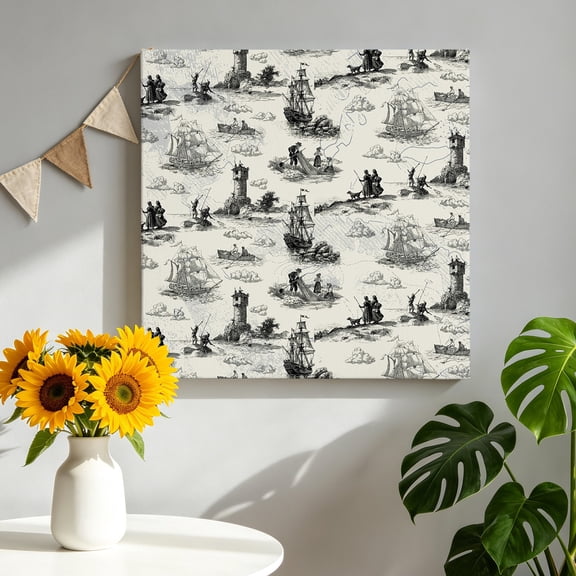 Vintage Farmhouse Ocean Canvas Wall Art, Country Nautical Grey Sea Ships Castles Map Framed Canvas Wall Decor Picture Print Artwork Decorations for Living Room Office Ready to Hang 16" x 16"
