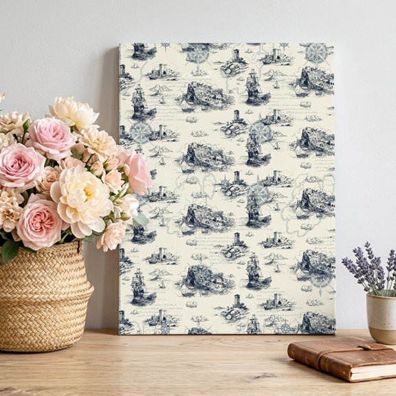 Vintage Farmhouse Ocean Canvas Wall Art, Country Nautical Sea Ships Castles Map Framed Canvas Wall Decor Picture Print Artwork Decorations for Living Room Office Ready to Hang 10" x 8"