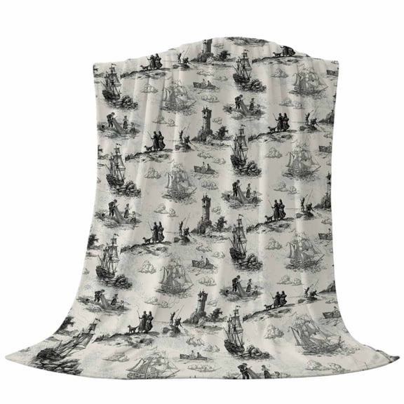 Vintage Farmhouse Ocean Fleece Throw Blanket Country Nautical Grey Sea Ships Castles Map Ultra Soft Fuzzy Cozy Flannel Throw Blanket for Couch Sofa Bed Car Travel, Ideal Gifts 40x50 Inches