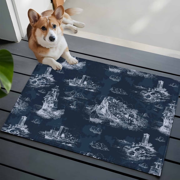 Vintage Farmhouse Ocean Front Door Rugs 2x3 ft Country Nautical Dark Blue Sea Ships Castles Map Small Rug for Entryway Non Slip Washable Bathroom Door Mat Absorbent Floor Mat for Indoor Entrance