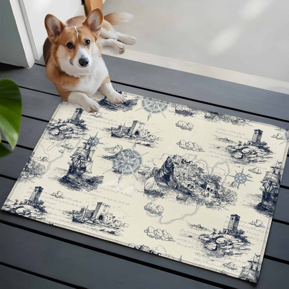 Vintage Farmhouse Ocean Front Door Rugs 2x3 ft Country Nautical Sea Ships Castles Map Small Rug for Entryway Non Slip Washable Bathroom Door Mat Absorbent Floor Mat for Indoor Entrance