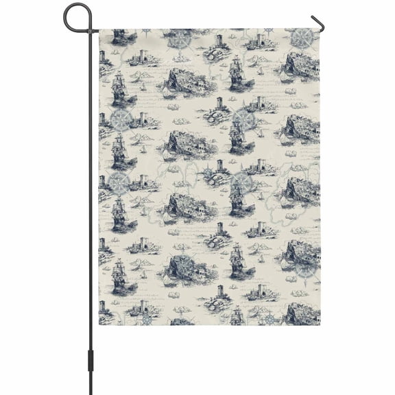 Vintage Farmhouse Ocean Garden Flag 12 x 18 Inches, Country Nautical Sea Ships Castles Map Weather Proof Outdoor Patio Flags Double Sided Small Garden Decoration for Yard Outside Home