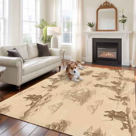 Vintage Farmhouse Ocean Large Area Rugs 5x8 ft Country Nautical Yellow Sea Ships Castles Map Washable Rug Non Slip Indoor Carpet Absorbent Floor Mat for Living Room Bedroom Dining Room