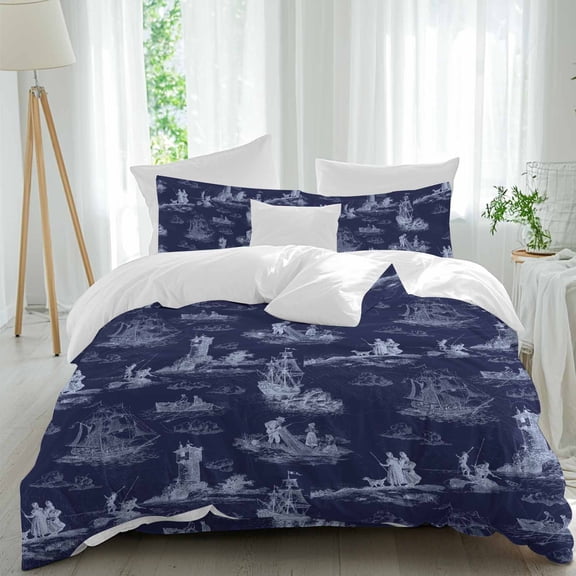 Vintage Farmhouse Ocean Queen Size Comforter Set, Country Nautical Blue Sea Ships Castles Map Bedding for All Seasons, 4 Pcs Bed Set, 1Quiltcover (90"x92") ,1Sheet(94"x116"), 2Pillowcases (30"x20")