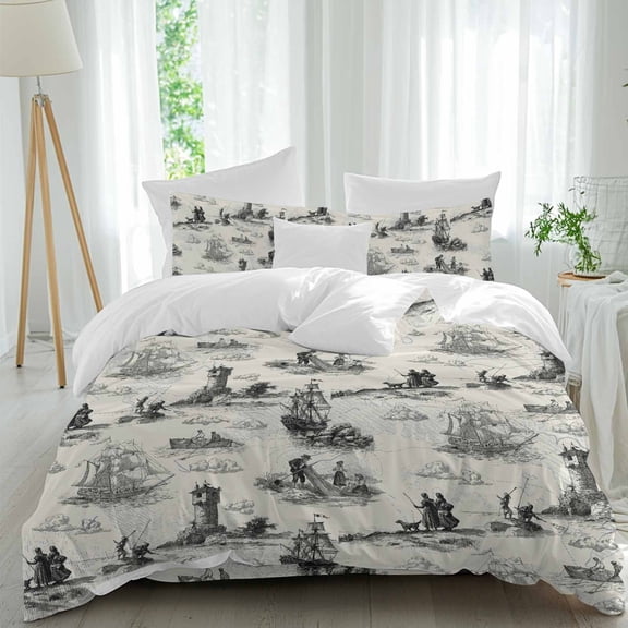 Vintage Farmhouse Ocean Queen Size Comforter Set, Country Nautical Grey Sea Ships Castles Map Bedding for All Seasons, 4 Pcs Bed Set, 1Quiltcover (90"x92") ,1Sheet(94"x116"), 2Pillowcases (30"x20")