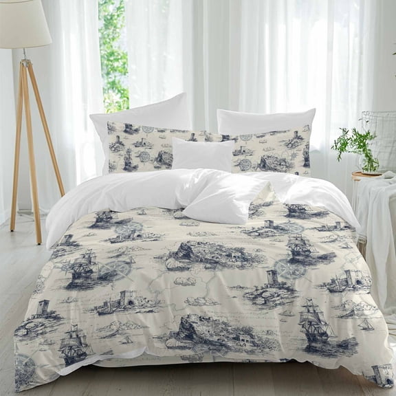 Vintage Farmhouse Ocean Queen Size Comforter Set, Country Nautical Sea Ships Castles Map Bedding for All Seasons, 4 Pcs Bed Set, 1Quiltcover (90"x92") ,1Sheet(94"x116"), 2Pillowcases (30"x20")