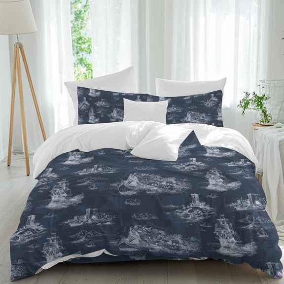 Vintage Farmhouse Ocean Queen Size Comforter Set, Nautical Dark Blue Sea Ships Castles Map Bedding for All Seasons, 4 Pcs Bed Set, 1Quiltcover (90"x92") ,1Sheet(94"x116"), 2Pillowcases (30"x20")