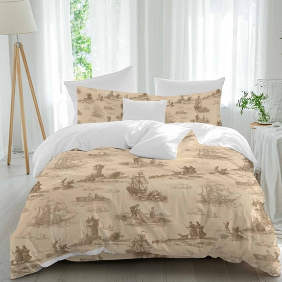 Vintage Farmhouse Ocean Queen Size Comforter Set, Nautical Yellow Sea Ships Castles Map Bedding for All Seasons, 4 Pcs Bed Set, 1Quiltcover (90"x92") ,1Sheet(94"x116"), 2Pillowcases (30"x20")