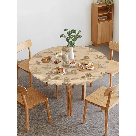 Vintage Farmhouse Ocean Round Fitted Tablecloth with Elastic Edge, Country Nautical Yellow Sea Ships Castles Map Waterproof Stretch Table Covers for 45"-54" Tables Wipeable Table Cloth for Outdoor