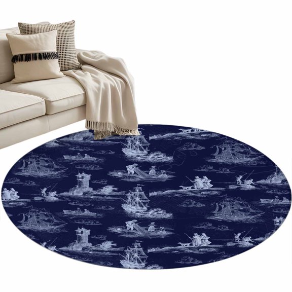 Vintage Farmhouse Ocean Round Area Rug 3 ft Country Nautical Blue Sea Ships Castles Map Washable Rugs for Living Room, Non Slip Soft Carpet for Bedroom Entryway Dining Room