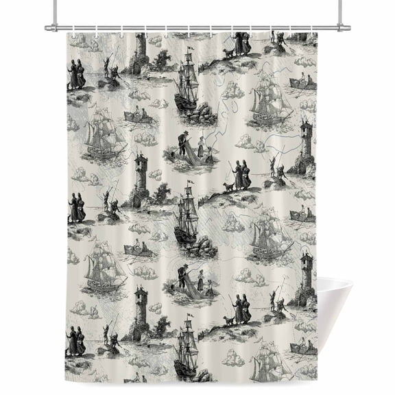 Vintage Farmhouse Ocean Shower Curtains for Bathroom, Country Nautical Grey Sea Ships Castles Map Waterproof Fabric Shower Curtain for Bathroom Bathtub Decoration, Machine Washable 54"x78"