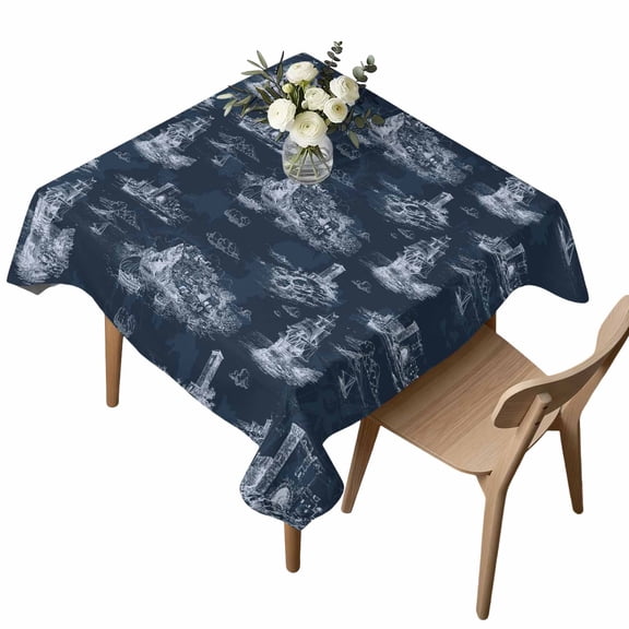 Vintage Farmhouse Ocean Square Tablecloth Country Nautical Dark Blue Sea Ships Castles Map Waterproof Wrinkle Free Soft Table Cloth Spill-Proof Washable Table Cover for Dining Picnic 54 x 54 Inch