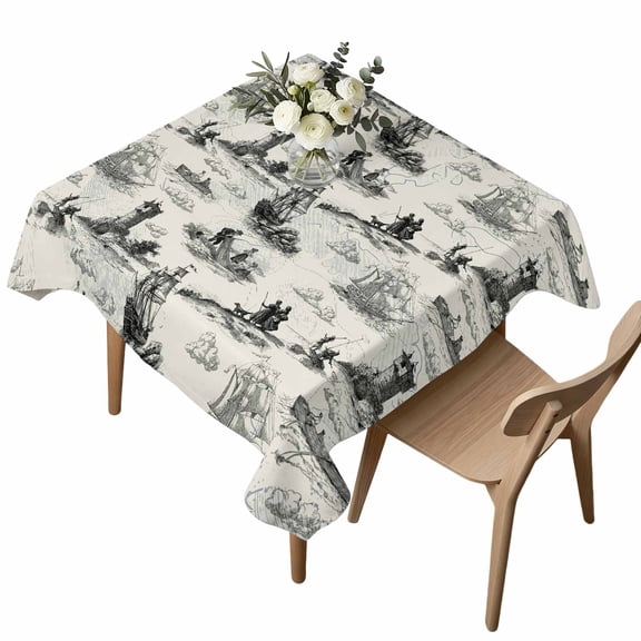 Vintage Farmhouse Ocean Square Tablecloth Country Nautical Grey Sea Ships Castles Map Waterproof Wrinkle Free Soft Table Cloth Spill-Proof Washable Table Cover for Dining Party Picnic 54 x 54 Inch