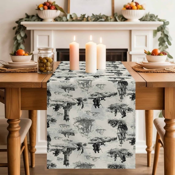 Vintage Farmhouse Ocean Table Runner, Country Nautical Grey Sea Ships Castles Map Cotton Linen Kitchen Table Decoration Washable Dining Tabletop Runners for Home Party Decor 13x72 Inches