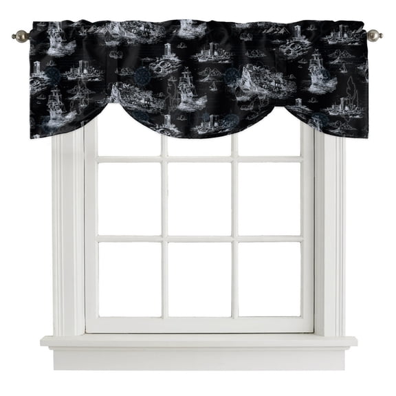Vintage Farmhouse Ocean Tie Up Valance Curtains Country Nautical Black Sea Ships Castles Map Adjustable Light Filtering Tie Up Valance Small Window Shade for Kitchen Bedroom Cafe 42" W x 12" L