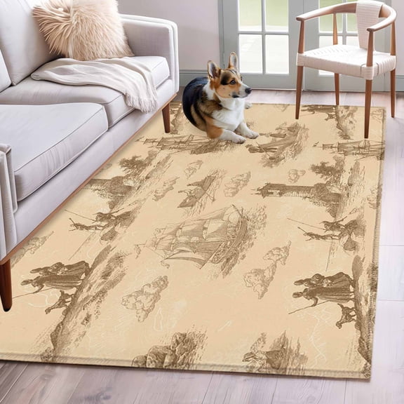 Vintage Farmhouse Ocean Washable Area Rug 4x6 Country Nautical Yellow Sea Ships Castles Map Low-Profile Large Area Rugs with Non Slip Backing Indoor Floor Carpet for Entrance Living Room Bedroom