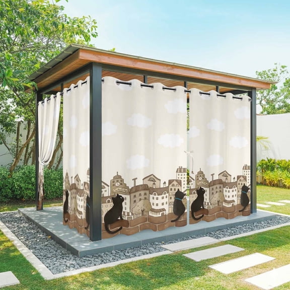 Vintage Farmhouse Outdoor Curtains for Patio Waterproof, Grommet Outdoor Privacy Panels, Country Houses Cats Cloud Beige Weatherproof Outside Curtains for Porch/Cabana 54"Wx84"L, 1 Panel