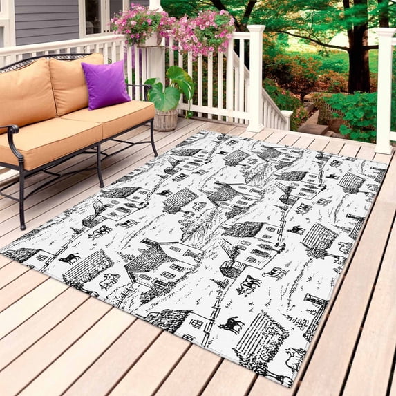 Vintage Farmhouse Outdoor Rug 5x8 Ft, Non Slip Washable Area Rug, Country Farm Houses Cows Sheep Animal Patio Rugs Carpet Runner, Large Floor Mat for Indoor/Outdoor Deck Porch Camping