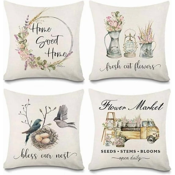 Vintage Farmhouse Pillow Covers 18 X 18 Inch Set of 4 Bird Floral Outdoor Decorative Cushion Pillow Covers Linen Square Throw Pillow Covers for Couch Bed Sofa