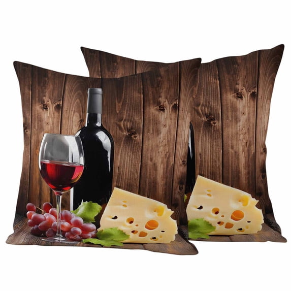 Vintage Farmhouse Pillow Covers 2 Pack Wine Cheese Grapes Brown Wood Grain Pillowcase Waterproof Outdoor Throw Pillow Cover for Patio Garden Square Cushion 16”x16”