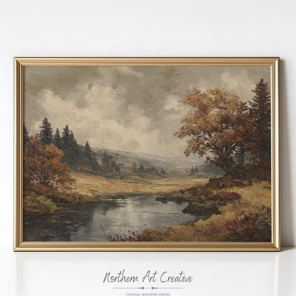 Vintage Farmhouse River Landscape Wall Art Print