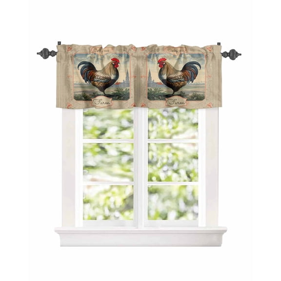 Vintage Farmhouse Rooster Window Valances for Kitchen,Rod Pocket Valance Privacy Small Curtain,Farm Rural Animal Window Treatment Drapes for Bedroom Laundry Room Farmhouse Home Decor 42x12in