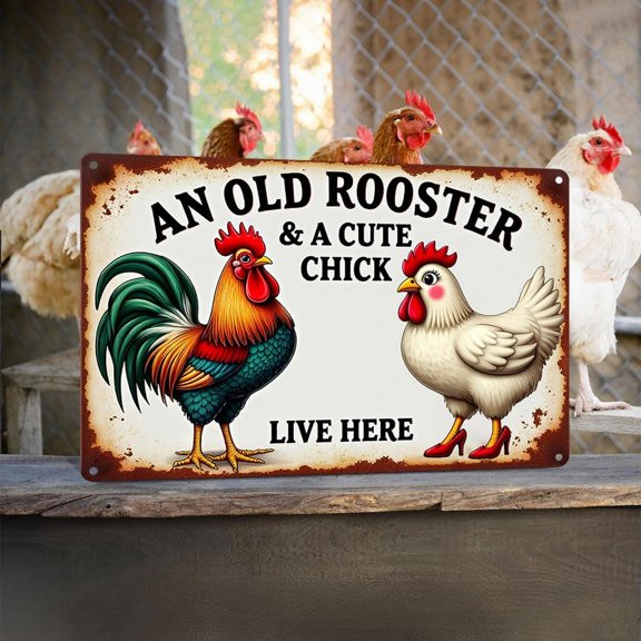 Vintage Farmhouse Rooster and Hen Metal Sign - Rustic Wall Decor, 8x12 Inch (LCS 9713)