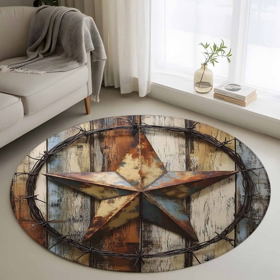Vintage Farmhouse Round Area Rug 3 FT,Small Kitchen Bathroom Mats,Country Western Texas Star Wood Grain Washable Indoor Outdoor Throw Runner Carpet Non-Shedding Doormat for Table Shower Sofa Entryway