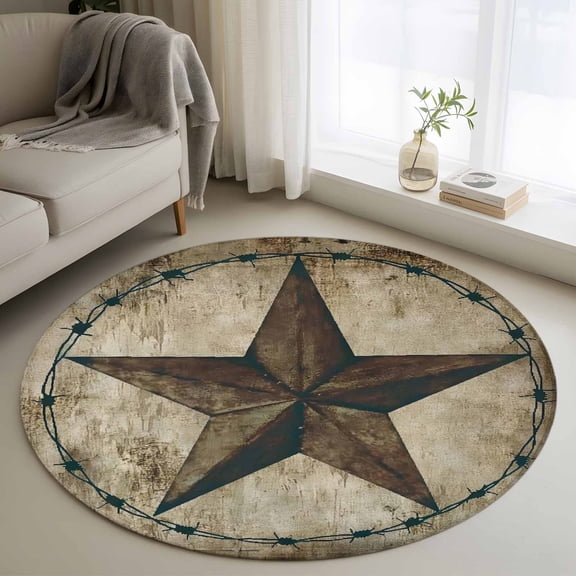 Vintage Farmhouse Round Area Rug 4ft, Rustic Western Texas Star Shabby Art Washable Non-Slip Circle Rugs for Bedroom Living Room Kitchen, Soft Non Shedding Circle Carpet for Dining Room Dorm
