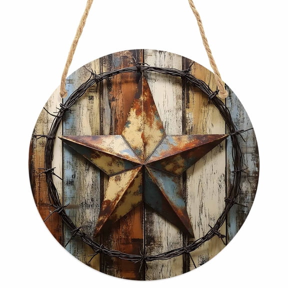 Vintage Farmhouse Round Front Door Welcome Sign, 5.9 Inch Wall Hanging Decor for Indoor Outdoor, Country Western Texas Star Wood Grain Home Porch Hanger Decorations for Holiday Gift