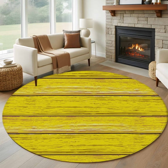 Vintage Farmhouse Round Living Room Rugs 8 ft, Abstract Yellow Wood Grain Texture Washable Large Area Rug with Non-Slip Sturdy Edge Binding Round Carpet for Dining Room Kitchen Office