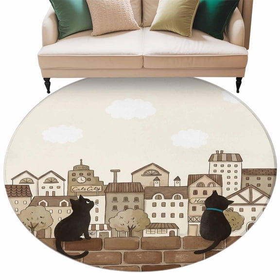 Vintage Farmhouse Round Rug 7ft Washable Circle Rugs Non Slip Country Houses Cats Cloud Beige Large Area Rug Indoor Floor Carpet for Bedroom Kitchen Living Room Home Office Dining Room Nursery