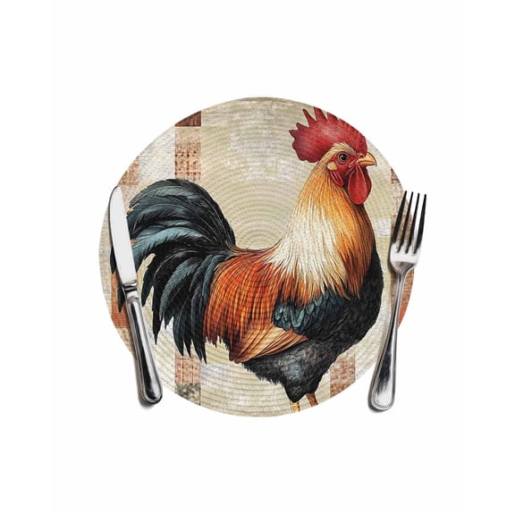 Vintage Farmhouse Round Table Placemats 1 pc, Watercolor Rooster Pattern Washable Woven Place Mats for Dining Tables Kitchen Party Decor,Heat Proof, 13in, Red Brown