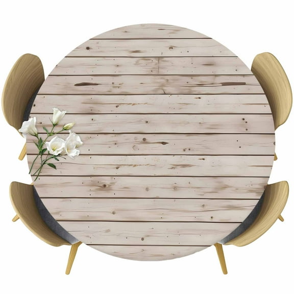 Vintage Farmhouse Round Tablecloth 55-60 Inch Round Fitted Table Cloth with Elastic Edge, Country Retro Beige Wooden Grain Waterproof Table Cover Protector for Outdoor Picnic Party Dining