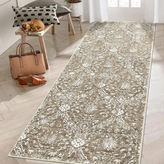 Vintage Farmhouse Runner Rug 2x6 Washable Hallway Runner with Non Slip TPR Rubber Backing, Low Pile Thin & Soft Floral Trellis Pattern, Foldable Stain Resistant Carpet, Khaki