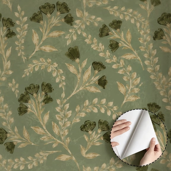 Vintage Farmhouse Rustic Olive Green Floral Wallpaper Peel and Stick Waterproof, Retro Beige Leaves Mural Wall Decoration for Living Room Bedroom Bathroom Cabinet Rental Property 17.7 * 118 in