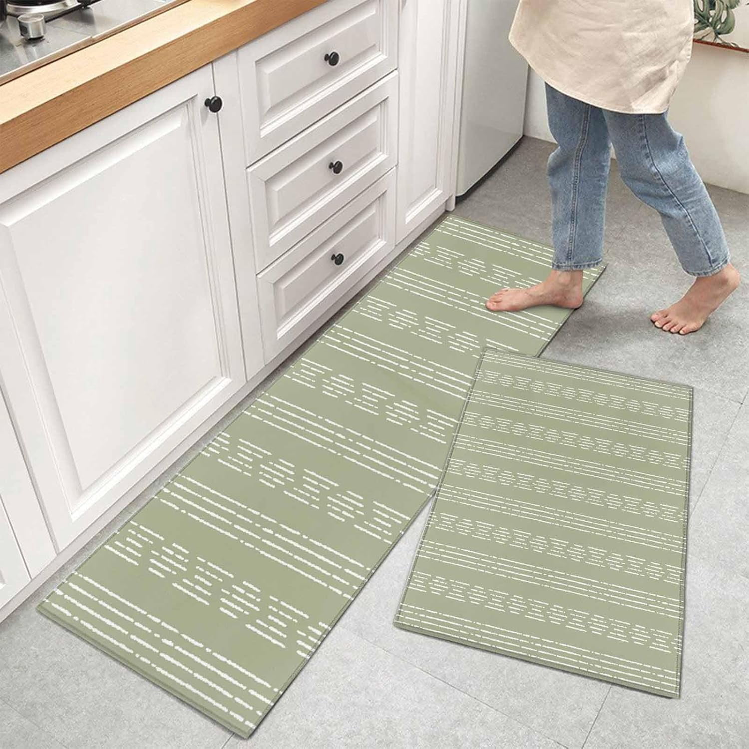 Vintage Farmhouse Sage Green Kitchen Rugs and Mats Set of 2, Non Skid
