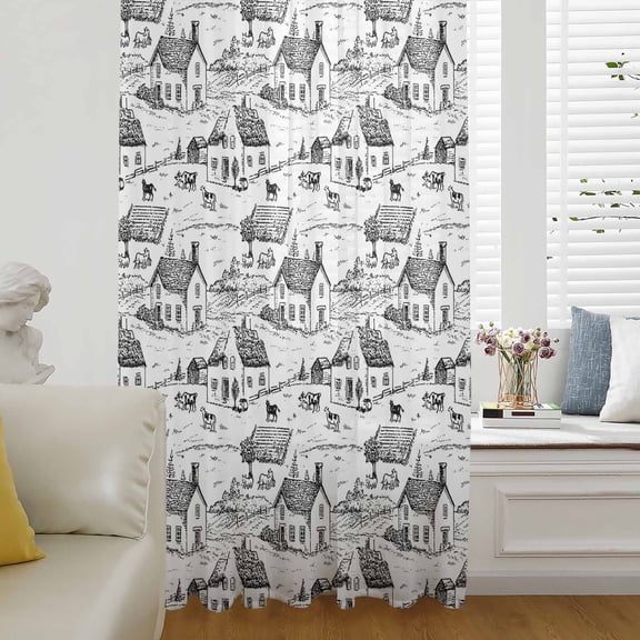 Vintage Farmhouse Semi Sheer Curtains Drapes for Living Room,Bedroom,French Doors Window 45 Inches Long,Country Farm Houses Cows Sheep Animal Rod Pocket Chiffon Curtain Drapery Voile Draperies Panel